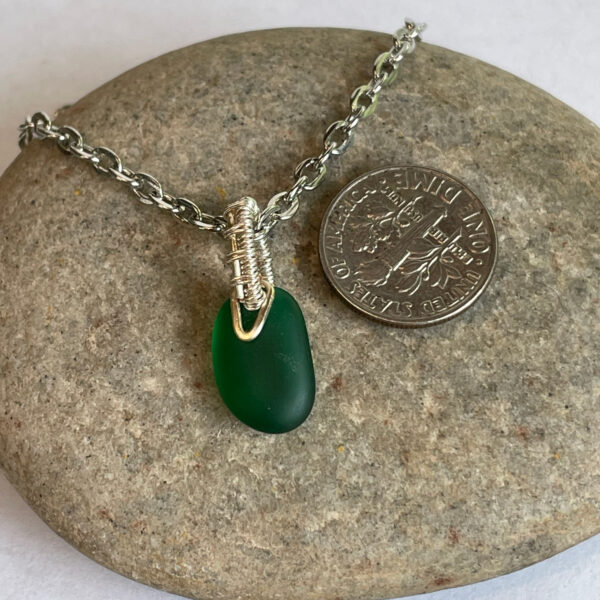 Tiny green sea glass and silver pendant necklace with silver chain