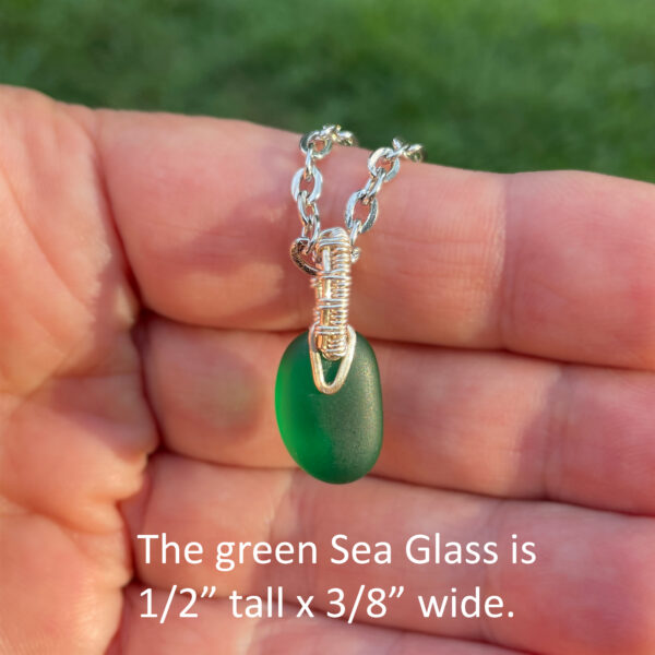 Tiny green sea glass and silver pendant necklace with silver chain