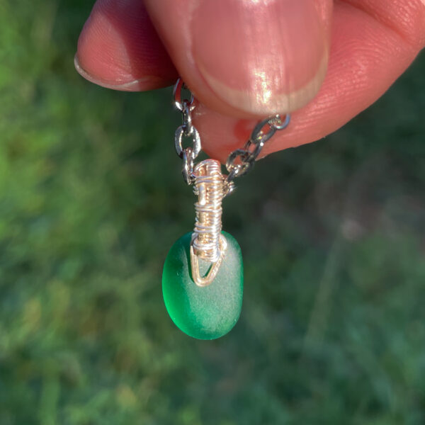 Tiny green sea glass and silver pendant necklace with silver chain