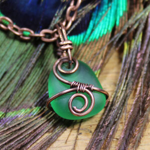 Small Green Sea Glass and Copper Pendant Necklace