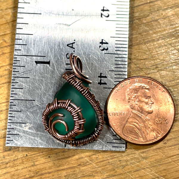 Pendant - Green Sea Glass wrapped with woven copper wire